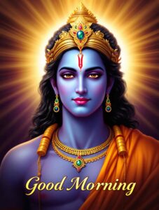 Inspire devotion with jai shri ram good morning images download, featuring Lord Ram under a soft golden morning halo.