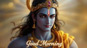 Begin your day divinely with jai shri ram good morning images download, featuring Lord Ram adorned in glowing silk garments.