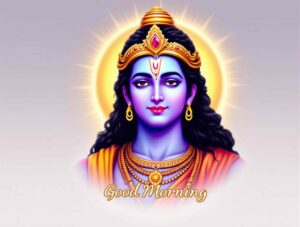 Start mornings spiritually with jai shri ram good morning images download, featuring Lord Ram wearing a radiant ruby crown.