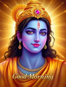 Download serene jai shri ram good morning images download, featuring Lord Ram in a glowing saffron shawl bathed in divine light.