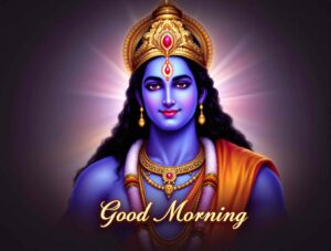 Start your day with divinity through jai shri ram good morning images download, featuring Lord Ram surrounded by golden rays.