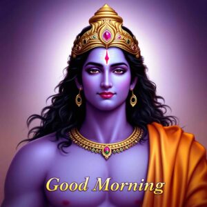 Start mornings with blessings through jai shri ram good morning images download, showing Lord Ram adorned in a divine lotus crown.