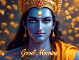 Download peaceful jai shri ram good morning images download, showing Lord Ram glowing under serene morning sun rays.