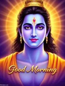 Start your day with devotion through jai shri ram good morning images download, featuring Lord Ram holding his divine bow at sunrise.