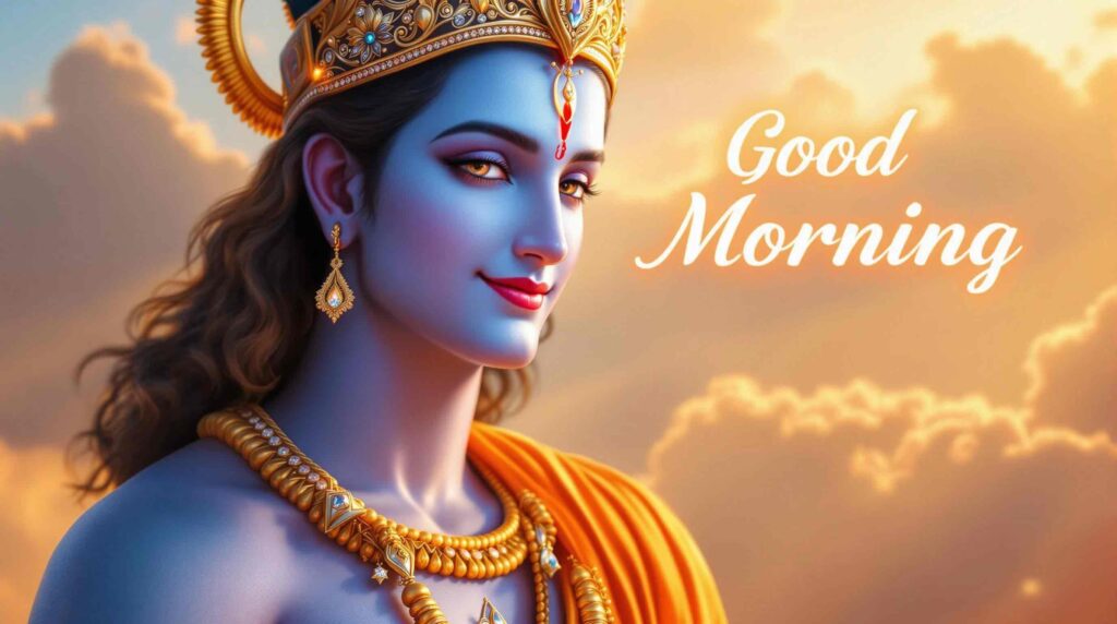 Inspire peace and devotion with jai shri ram good morning images download, showing Lord Ram holding a divine lotus in morning light.