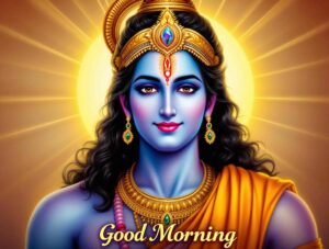 Bless your day with jai shri ram good morning images download, showing Lord Ram holding his divine bow Kodanda.