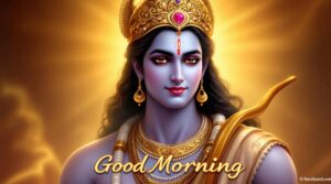 Begin your day spiritually with jai shri ram good morning images download, featuring Lord Ram surrounded by radiant divine light.