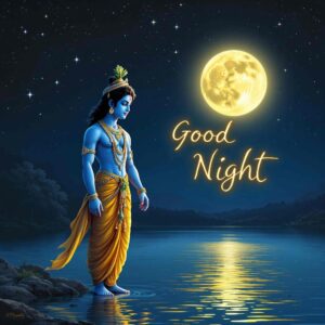 Serene Krishna good night images full HD with divine tranquility, moonlit riverbanks, and peaceful good night wishes.