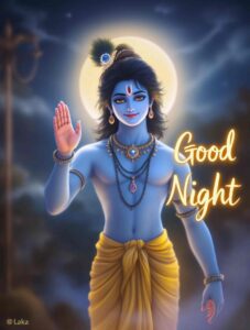 Peaceful Krishna good night images full HD featuring radiant auras, moonlit elegance, and calming good night wishes.