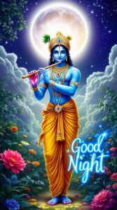 Blessed Krishna good night images full HD featuring divine radiance, moonlit blessings, and soothing good night text.