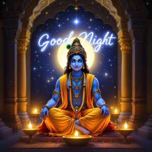 Peaceful Krishna good night images full HD with starlit temple settings, divine charm, and glowing good night text.