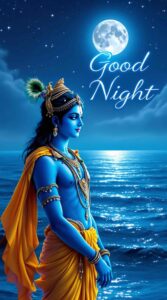 Serene Krishna good night images full HD with oceanic tranquility, divine beauty, and soothing good night text.