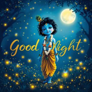 Krishna good night images full HD capturing tranquil forest vibes and moonlit elegance with serene good night wishes.