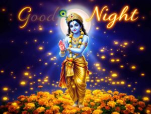 Floral Krishna good night images full HD featuring vibrant marigold fields, divine charm, and glowing good night text.