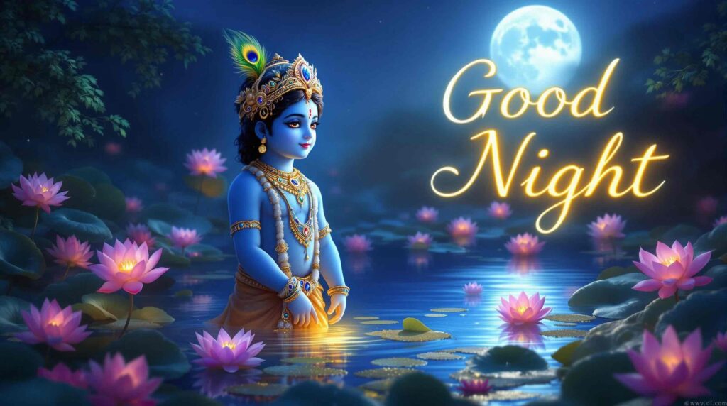 Ethereal Krishna good night images full HD featuring lotus-themed elegance, moonlit charm, and heartfelt good night text.