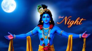 Captivating Krishna good night images full HD, featuring serene moonlit settings with Krishna’s divine charm and good night wishes.