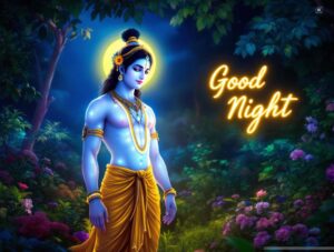 Divine Krishna good night images full HD, capturing celestial charm, radiant details, and glowing good night wishes.