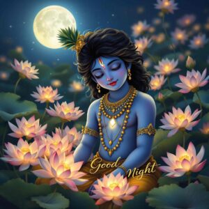 Elegant Krishna good night images full HD with divine blessings, radiant calligraphy, and tranquil moonlit details.