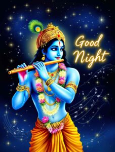 Starry Krishna good night images full HD with cosmic charm, divine elegance, and beautifully scripted good night text.