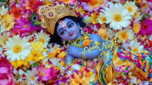 Floral Krishna good night images full HD featuring vibrant blooms, divine elegance, and soothing good night wishes.