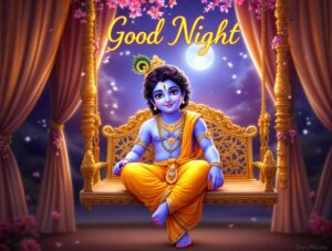 Peaceful Krishna good night images full HD depicting divine calm and serene good night wishes in glowing calligraphy.