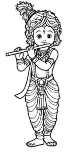 "Krishna images for colouring" featuring Krishna playing a flute are simple and easy for children to color with minimal details.