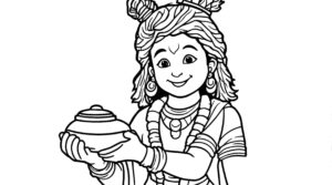 "Krishna images for colouring" with Krishna holding a butter pot are perfect for young children to color with simple outlines.