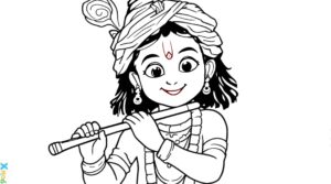 "Krishna images for colouring" featuring Krishna with a playful expression and flute are easy for children to colour.