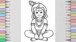 "Krishna images for colouring" with Krishna sitting provide a simple, peaceful drawing for children to fill with colours.