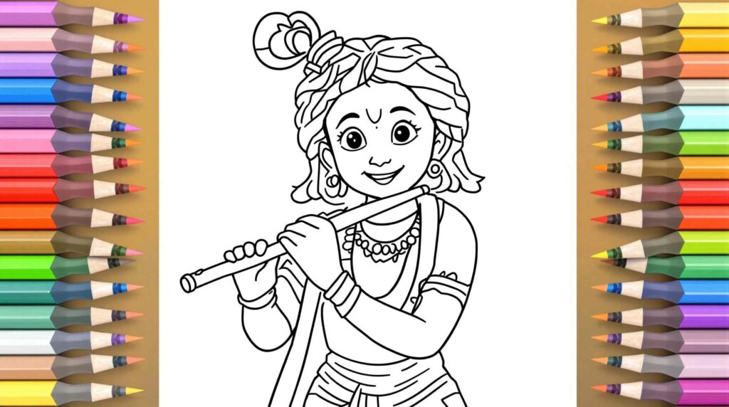 These "krishna images for colouring" with Krishna holding a flute and smiling are ideal for children to colour.