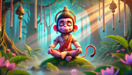 Peaceful wallpaper cute baby Hanuman images showing him meditating with divine calmness.