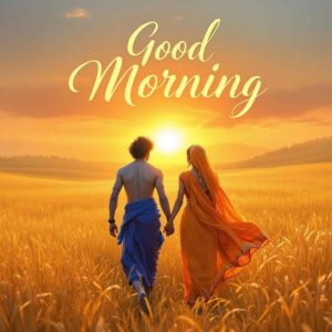 radha krishna good morning image 1 A glowing Radha Krishna good morning image in golden fields, exuding love and serenity, with bold, beautiful calligraphy for morning wishes.