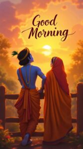 radha krishna good morning image 10 A Vrindavan-themed Radha Krishna good morning image radiating divine love and nature's beauty, ideal for morning wishes with vibrant calligraphy.