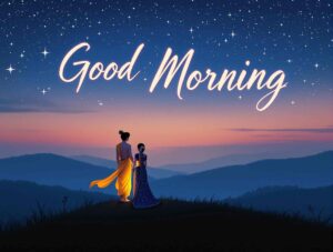 radha krishna good morning image 11 A magical Radha Krishna good morning image at dawn, with large calligraphy radiating warmth and serenity in the morning sky.