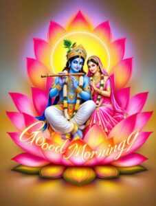 radha krishna good morning image 12 A regal Radha Krishna good morning image on a lotus throne, with bold calligraphy shining in the background.