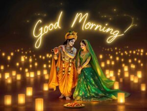 radha krishna good morning image 13 A lantern-themed Radha Krishna good morning image blending divine beauty and glowing calligraphy for vibrant morning greetings.