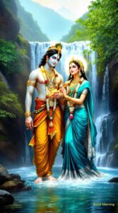 radha krishna good morning image 14 A serene Radha Krishna good morning image by a waterfall, radiating divine tranquility with large calligraphy to enhance the morning greeting.