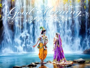 radha krishna good morning image 15 A peaceful riverbank Radha Krishna good morning image highlighting serenity and divine grace with clear, stylish calligraphy.