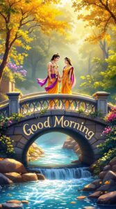 radha krishna good morning image 16 A Radha Krishna good morning image on a glowing bridge, featuring large calligraphy to brighten morning wishes