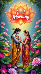 radha krishna good morning image 17 A lotus-themed Radha Krishna good morning image radiating purity, with bold, beautiful calligraphy for morning blessings.