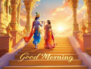 radha krishna good morning image 18 A Vrindavan sunrise Radha Krishna good morning image, highlighted by large, glowing calligraphy for vibrant morning greetings.