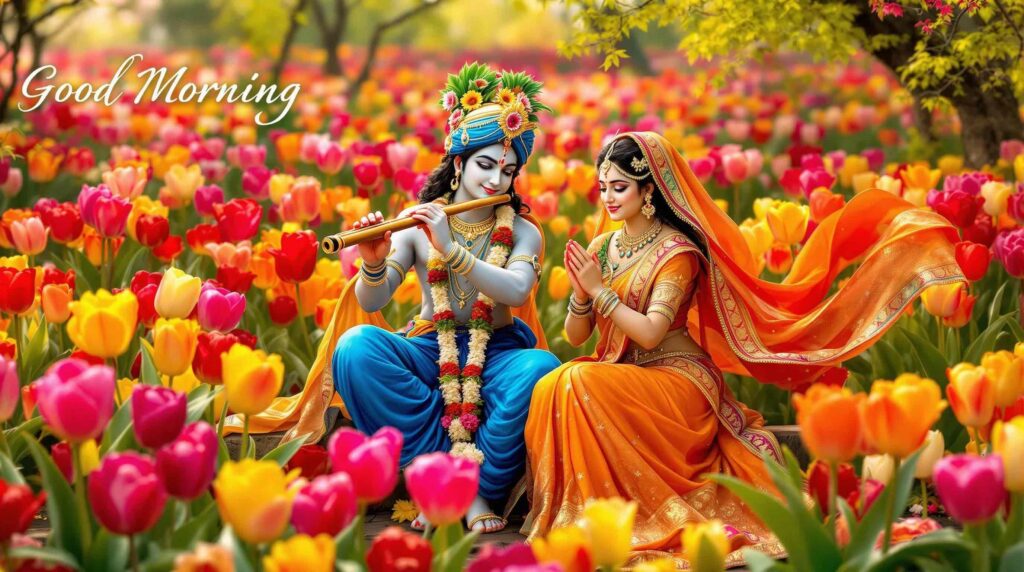 A Radha Krishna good morning images in a meadow, exuding divine harmony with bold, graceful calligraphy for a peaceful greeting.