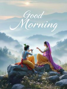 radha krishna good morning image 20 A misty hillside Radha Krishna good morning image with divine melody, complemented by large, graceful calligraphy in the sky.