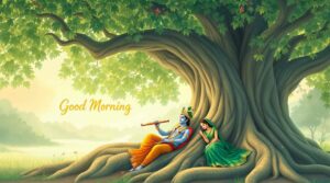 radha krishna good morning image 21 A tranquil banyan-themed Radha Krishna good morning image with large, elegant calligraphy for serene morning greetings.