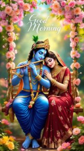 radha krishna good morning image 22 Radha Krishna good morning image showcasing divine love amidst floral beauty, Krishna’s flute spreading joy and serenity.