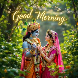 radha krishna good morning image 23 A divine Radha Krishna good morning image in a sacred grove, radiating peace and serenity with bold, elegant calligraphy.