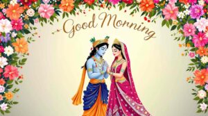 radha krishna good morning image 24 A Radha Krishna good morning image showcasing their divine bond under a vibrant floral arch, with bold calligraphy for morning wishes.