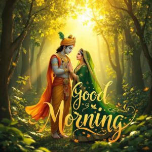 radha krishna good morning image 3 A joyous Radha Krishna good morning image featuring divine dance and large calligraphy in vibrant patterns for cheerful greetings.