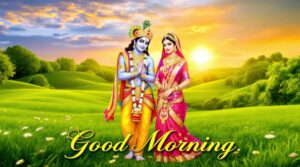 radha krishna good morning image 5 A forest-themed Radha Krishna good morning image symbolizing divine love and peace, ideal for vibrant morning wishes with bold calligraphy.