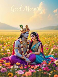 radha krishna good morning image 6 A melodic Radha Krishna good morning image featuring divine harmony and large, glowing calligraphy for joyful morning greetings.